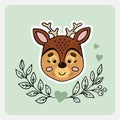 Deer. Cute funny hand drawn animal with hearts, leaves and branches.